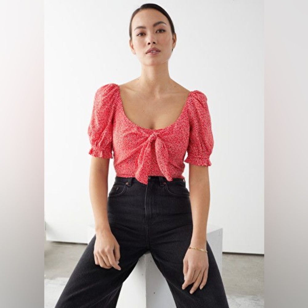 & Other Stories Red Puff-Sleeve Tie-Front Top